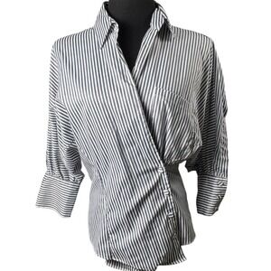 FARROW Blue White Striped Blouse Top Parisian Euro Chic Coastal Office Small EUC